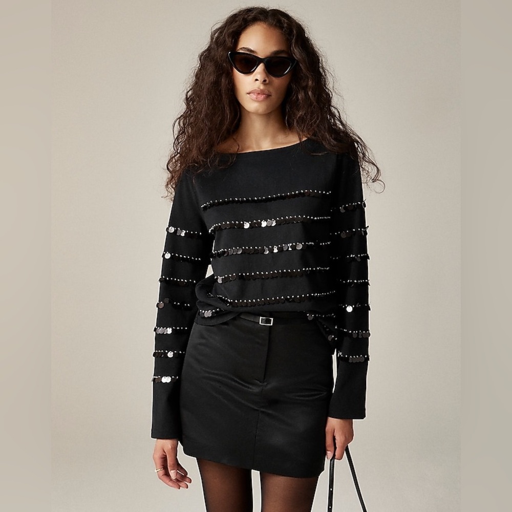 NWT J.Crew Heavy jersey long-sleeve T-shirt w/ paillette embellishment Black XS